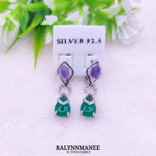 L6461 ต่างหูพลอยอเมทิสต์และโมราแท้  ( Amethyst,Chrysoprase ) แบบอิงลิชล็อค ตัวเรือนเงินแท้ 925 ชุบทองคำขาว