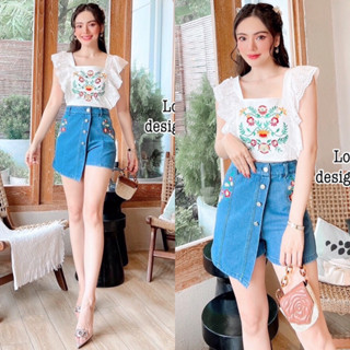 ราคาถูกที่สุด!! Lovers Shop เสื้อแขนระบายปักลายดอกไม้+กระโปรงกางเอวสูง ผ้ายีนส์