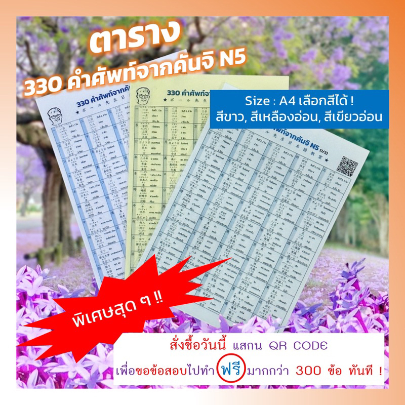 JLPT N5 330 คำศัพท์จากคันจิ (Kanji) ขนาด A4 (พร้อมเคลือบ) ภาษาญี่ปุ่น