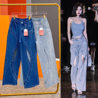 Order Volume jeans กางเกงยีนส์เอวสูงขากระบอกใหญ่เจาะหน้าสไตล์เกาหลี y2k jeansdede