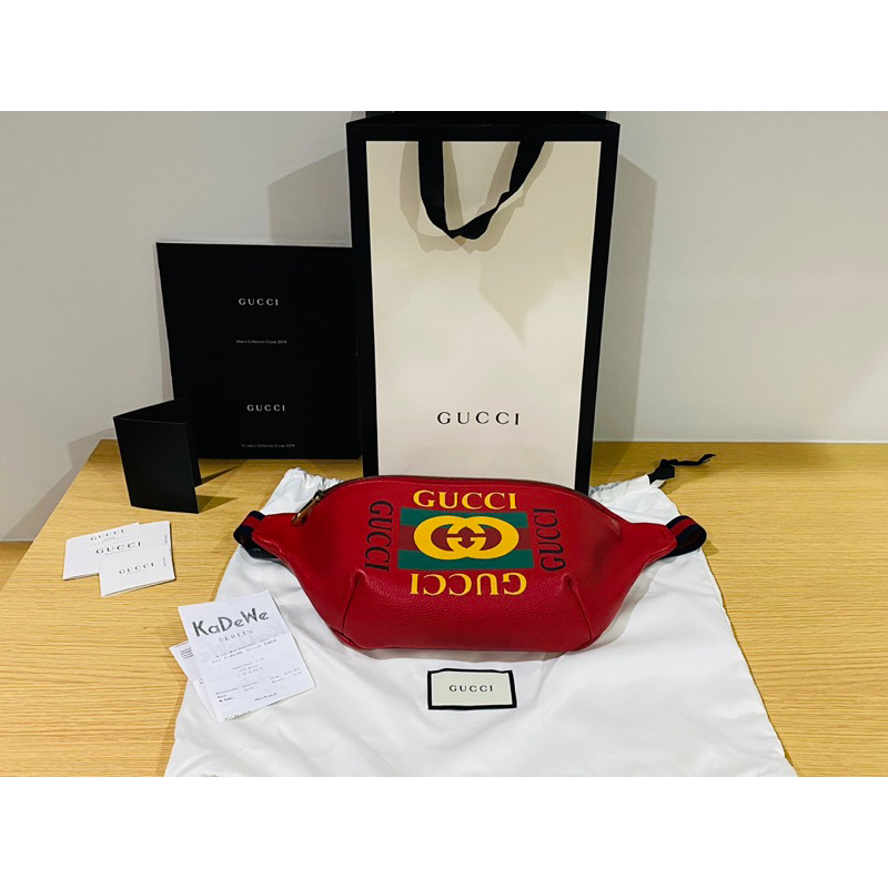 (มือสอง Used like new) Gucci Logo Print Leather Belt Bag Large (Red) กระเป๋าคาดอก คาดเอว gucci