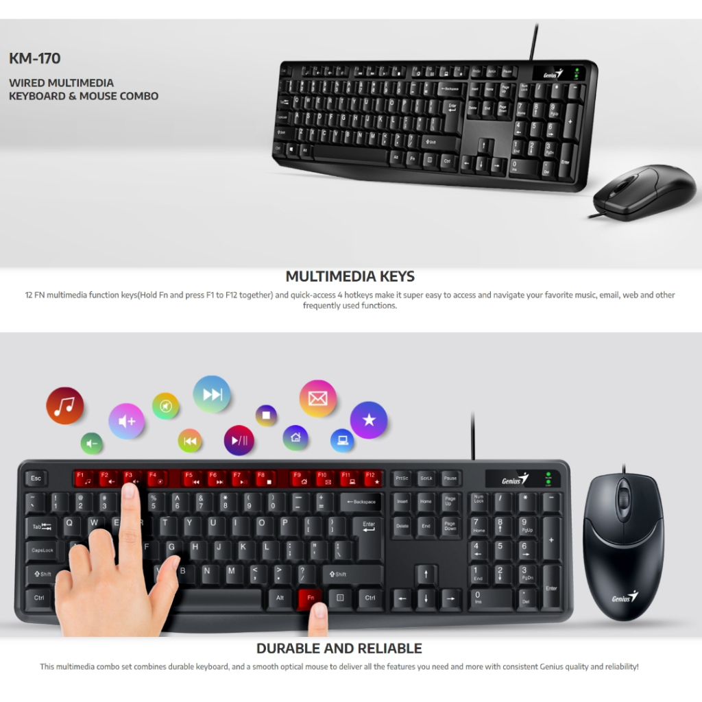 มีโค้ดลด100 ชุดคีย์บอร์ดและเมาส์ GENIUS รุ่น KM-170 สีดำ สำหรับการทำงานและเล่นเกม ใช้งานง่าย Keyboard mouse combo