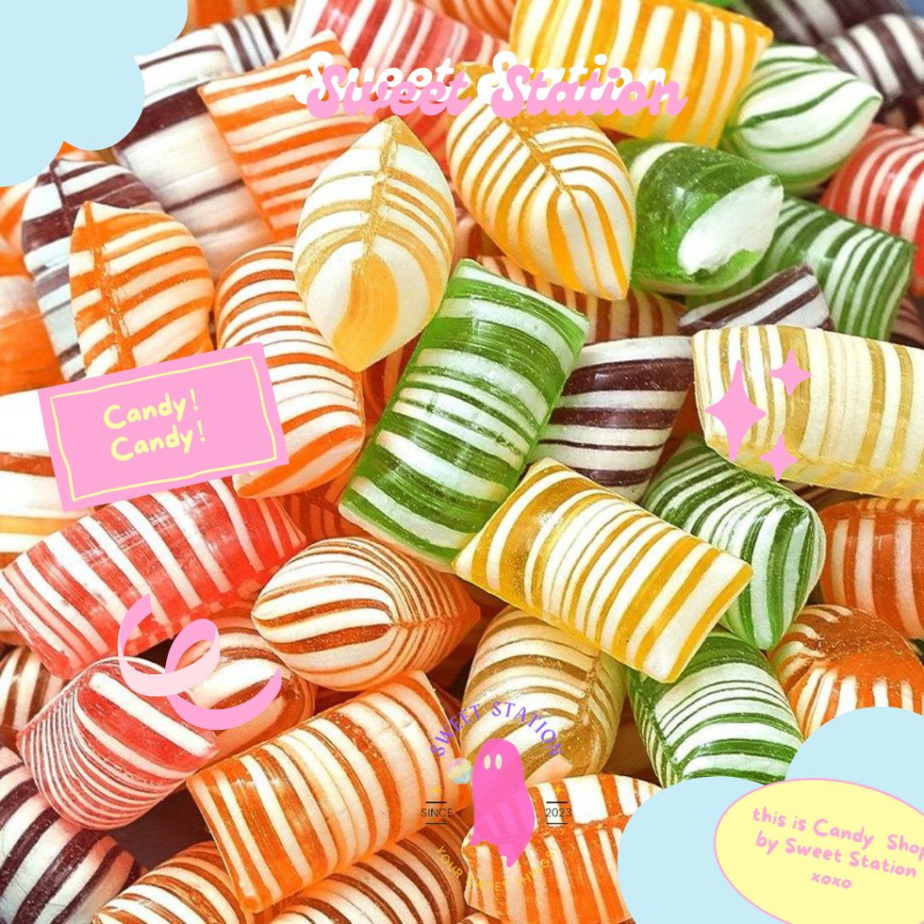 Fruity Candies ลูกอมทรงยาว (แพ็ก100-500กรัม) ลูกอมผลไม้ ลูกอมตัดลายทาง สีสันสดใส อร่อย หอมกลิ่นผลไม้