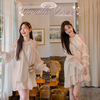 DR0314 LABELLE รุ่น Camille Dress เดรสสั้น สีครีม ไข่มุกรอบคอ