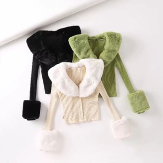 พร้อมส่ง5สี เสื้อไหมพรมถัก แต่งขนเฟอร์ T053