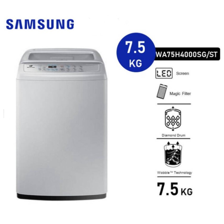พร้อมส่ง❤️Samsung ซัมซุง เครื่องซักผ้าฝาบน Wobble Technology รุ่น WA75H4000SG/ST ขนาด 7.5 กก (สินค้าใหม่ ประกันศูนย์)