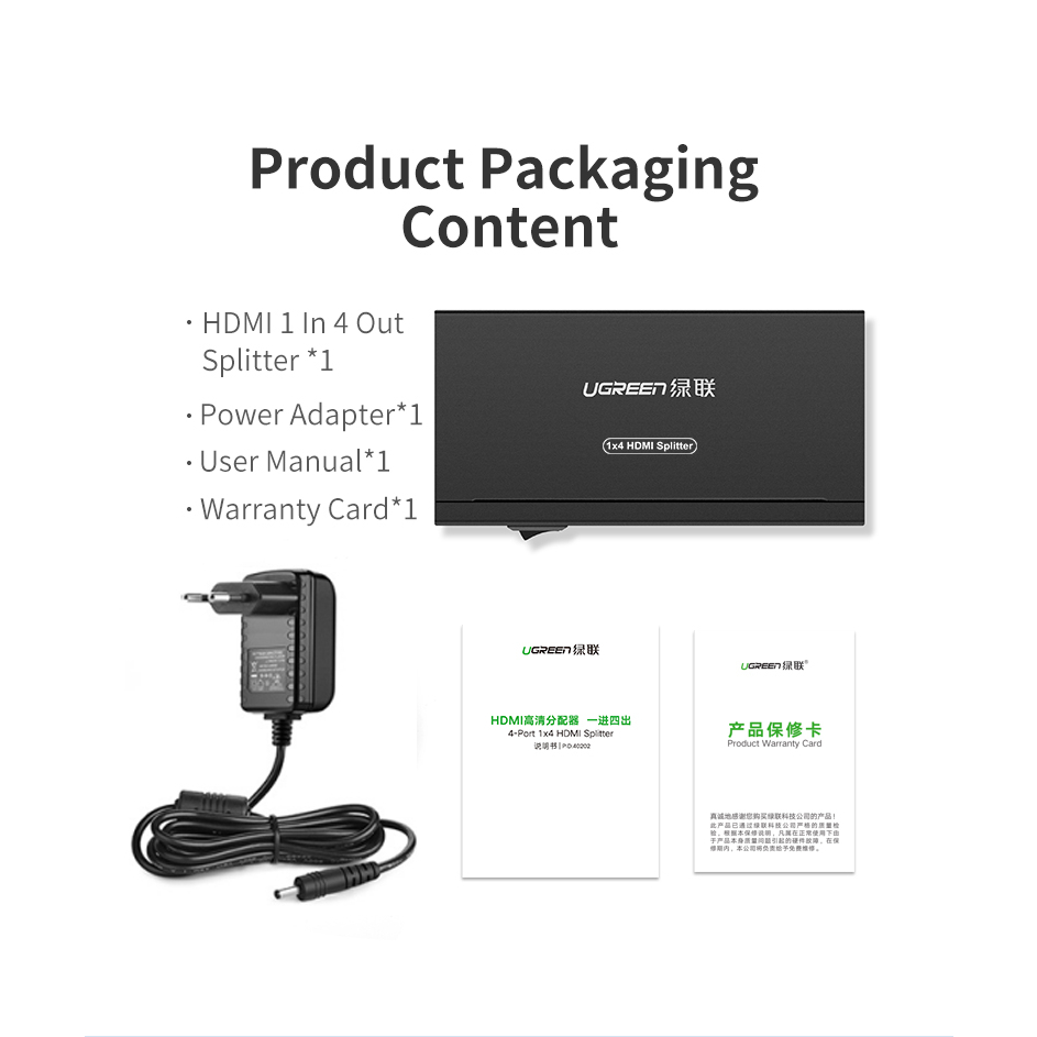 UGREEN HDMI Amplifier Splitter 1x4 เข้า 1 ออก 4 จอ Full HD รองรับ 4K รุ่น 40202 กล่องเพิ่มช่องสัญญาณภาพ HDMI รองรับ 4K