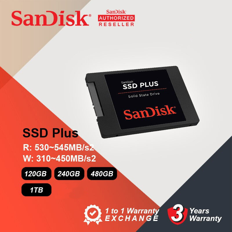 【จัดส่งในพื้นที่】Sandisk SSD PLUS 120GB/240GB/480GB/1TB Internal Solid State Disk Hard Drive SATA3 2.5 for Laptop Deskto