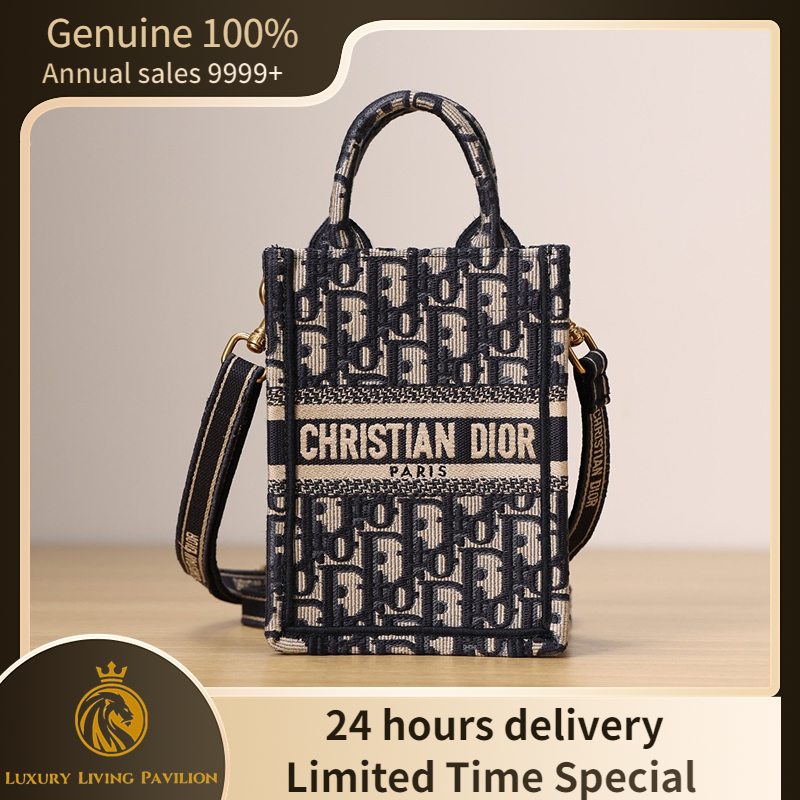 👜ซื้อในฝรั่งเศส ใหม่ MINI DIOR BOOK TOTE PHONE BAG Blue Dior Oblique Embroidery กระเป๋าแฟชั่น ของแท้ 100%