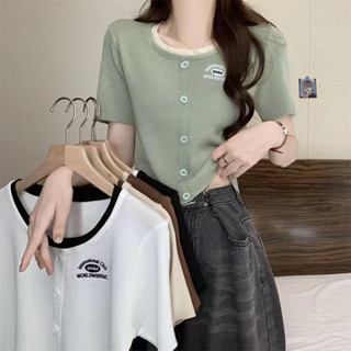 Bonnie(พร้อมส่ง/ใหม่)#42065เสื้อยืดไหมพรมแขนสั้นผู้หญิง 2023 ฤดูร้อนใหม่สลิมลายปักตัวอักษรส