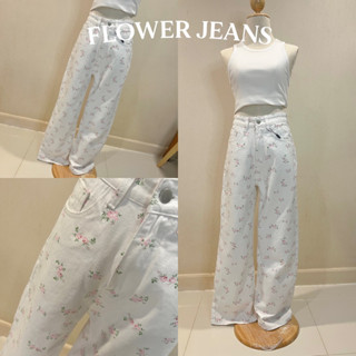 (ลด20% ใส่โค้ด L299HIT) SHOP.POPO-Flower jeans กางเกงยีนส์เอวสูงพิมพ์ลายดอกเกาหลี (ผ้าไม่ยืด)
