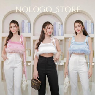 🍁พร้อมส่ง🍁เสื้อครอปผ้าซาตินแต่งขน เสื้อสายเดี่ยวแต่งขนฟรุ้งฟริ้ง