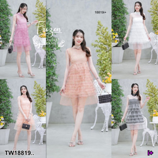 MF18819  Dress (เดรส)ระบายชั้นปล่อยระบายเป็นชั้นๆ เอวหลังแต่งระบายชั้นๆ ทรงสวยบางระบายเข้ารูป เนื้อออแกนดี้ลายจุดในตัว ม