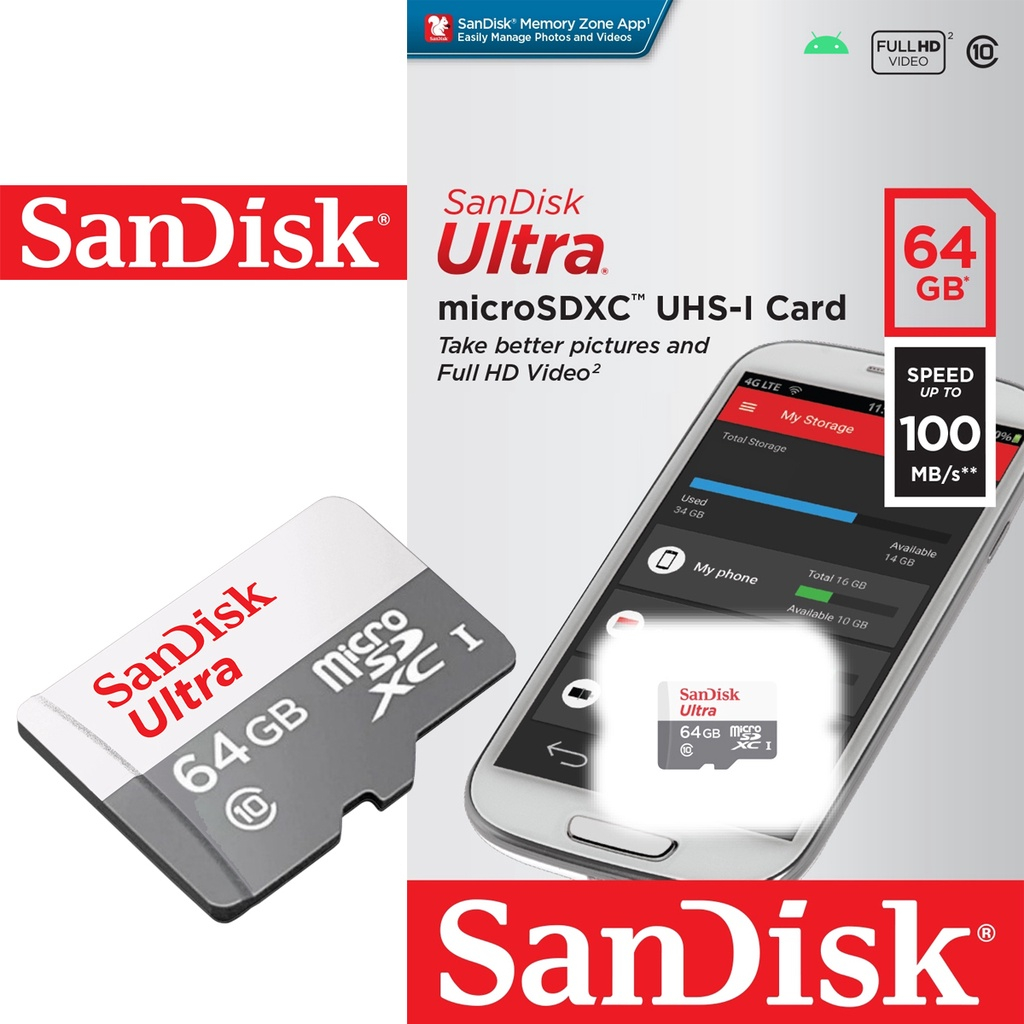 SanDisk Ultra Micro SDcard Class10 64GB เมมโมรี่การ์ด กล้องวงจรปิดไร้สาย ของแท้ ของใหม่ 100% ประกัน Synnex 7 ปี