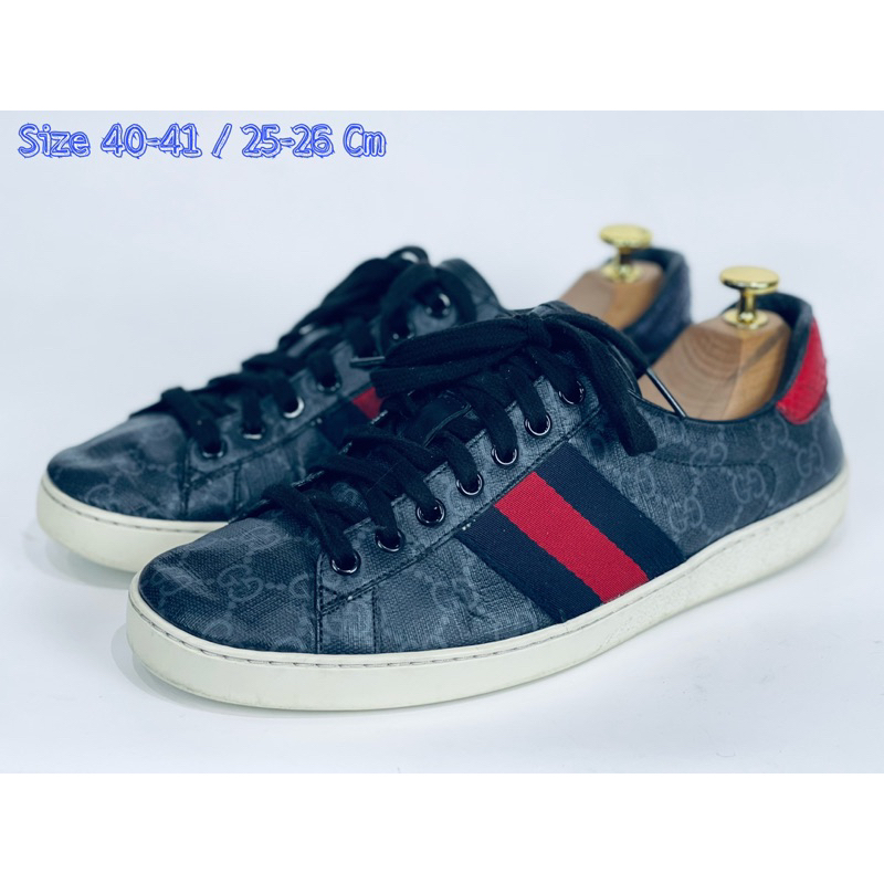 Gucci Ace Black GG Monogram Leather Shoes Trainers Sneakers