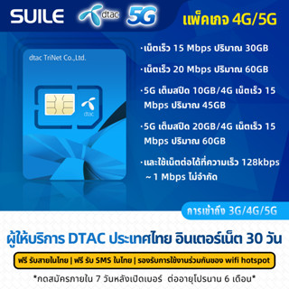 DTAC 4G speed 15M/20M 5G full speed Thai number prepaid SIM Internet access for 30 days 30/55/60/80GB/month NO.3