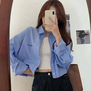 WMKW46 💙 พร้อมส่ง COD 💙 เสื้อเชิ้ตครึ่งลายทางคอปกแขนยาวผู้หญิง oversize ใส่เที่ยวชิวๆ สี blue/white แฟชั่นฤดูร้อนเกาหลี