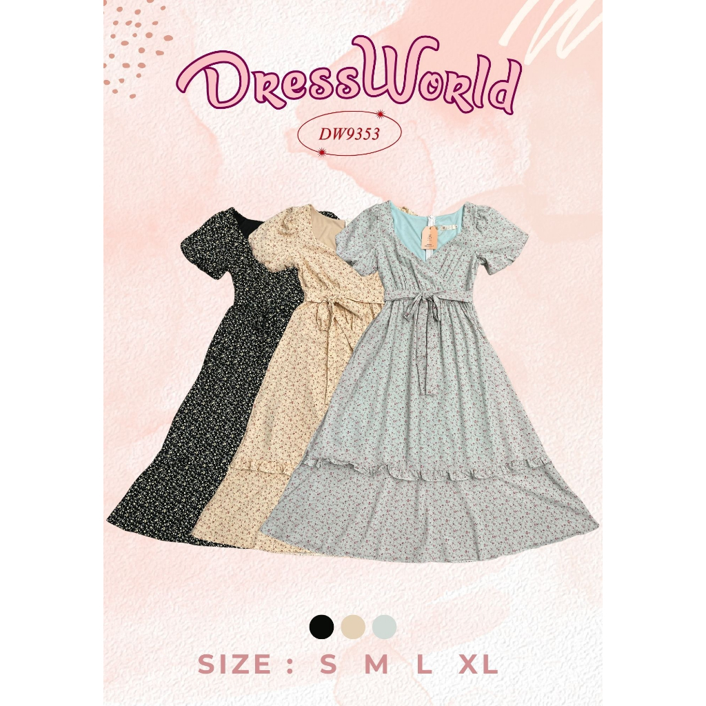 {S-XL} 9353 งานป้าย Dress World เดรสยาว แขนตุ๊กตา มีเชื่อกผูกเอว เจ้าหญิงสุดๆ เลยจ้า