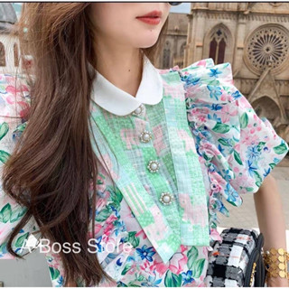 🎀พร้อมส่ง🎀เสื้อเชิ้ตคอปกแต่งดอกไม้กระดุมเพชรใหญ่ดอกเดซี่ เสื้อแขนพองบอลลูนลูกคุล