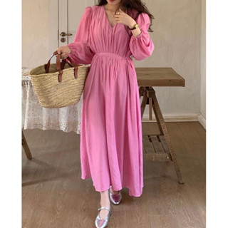 dress เดรสยาวสีชมพู เอวฟรีผูกเอว สไตล์เกาหลี