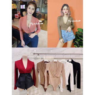 🎊mnv_shop🎊 Bodysuit บอดี้สูทแขนยาวไขว้หน้าผ้าเรย่อน เรียบๆแต่ดูแพงเว่อ ผ้าดีทรงเป๊ะมาก เนื้อผ้าเรย่อนใส่สบายมากสาวๆรีบตำ