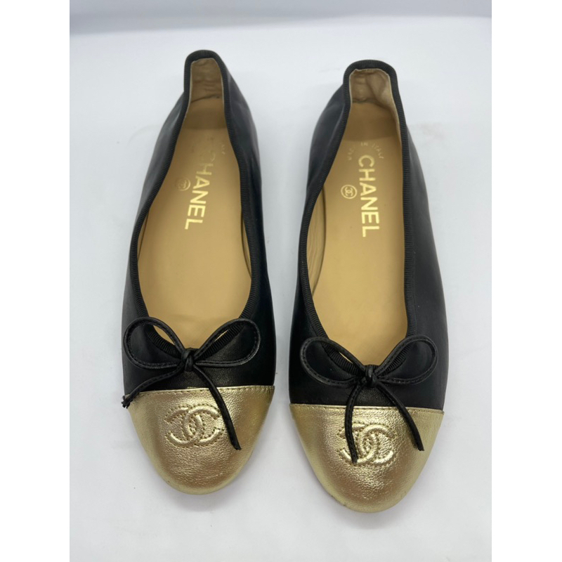 รองเท้า Chanel flat คัชชูชาแนล แท้ สีดำทอง ไซส์ 36