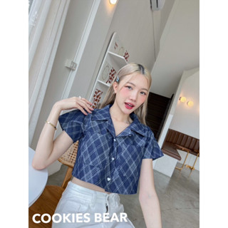 เสื้อเชิ้ตคอปกทรงครอปผ้ายีนส์ลายประ ป้ายcookiesbear A58