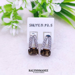 Q6422 ต่างหูพลอยสโมกกี้ควอตซ์แท้ ( Smoky Quartz ) แบบอิงลิชล็อค ตัวเรือนเงินแท้ 925 ชุบทองคำขาว