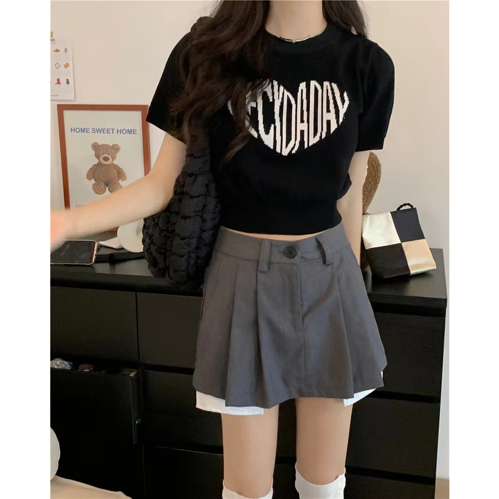 Bonnie(พร้อมส่ง/ใหม่)#66050เสื้อยืดไหมพรมแขนสั้นผู้หญิงลายหัวใจฤดูร้อนใหม่สไตล์เกาหลี