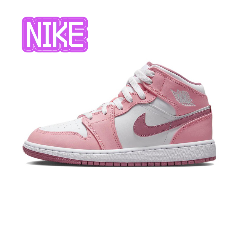 Jordan Air Jordan 1 Mid รองเท้ากีฬาส้นเตี้ยสีชมพูและสีขาวดูดซับแรงกระแทกกันลื่นกันลื่น ของแท้ 100%