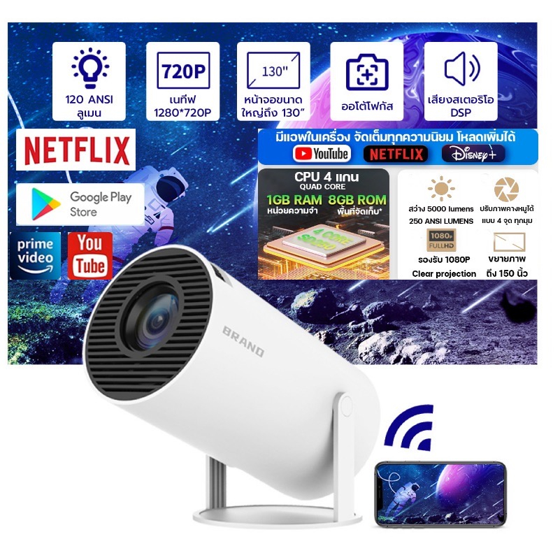 ใหม่ 4K ปรับได้ 180 องศา Projector โปรเจคเตอร์ มินิโปรเจคเตอร์ คุณภาพระดับ Android 11.0LCD โปรเจคเตอ