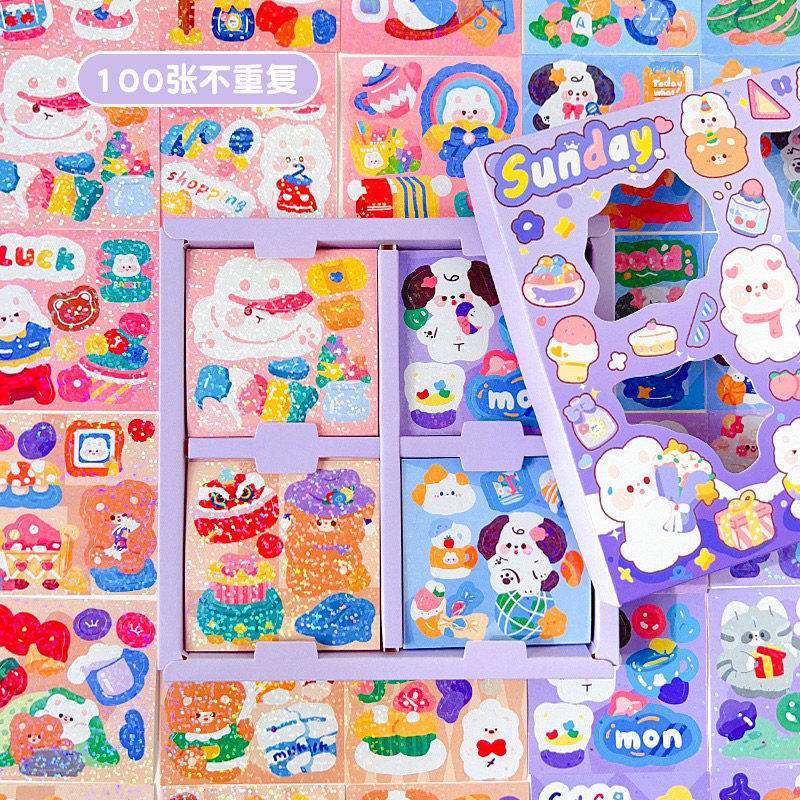 สติ๊กเกอร์ 100แผ่น พร้อมกล่อง น่ารัก สติ๊กเกอร์ไดคัท ตกแต่งไดอารี่ ลายการ์ตูน พร้อมส่ง 6cm*6cm