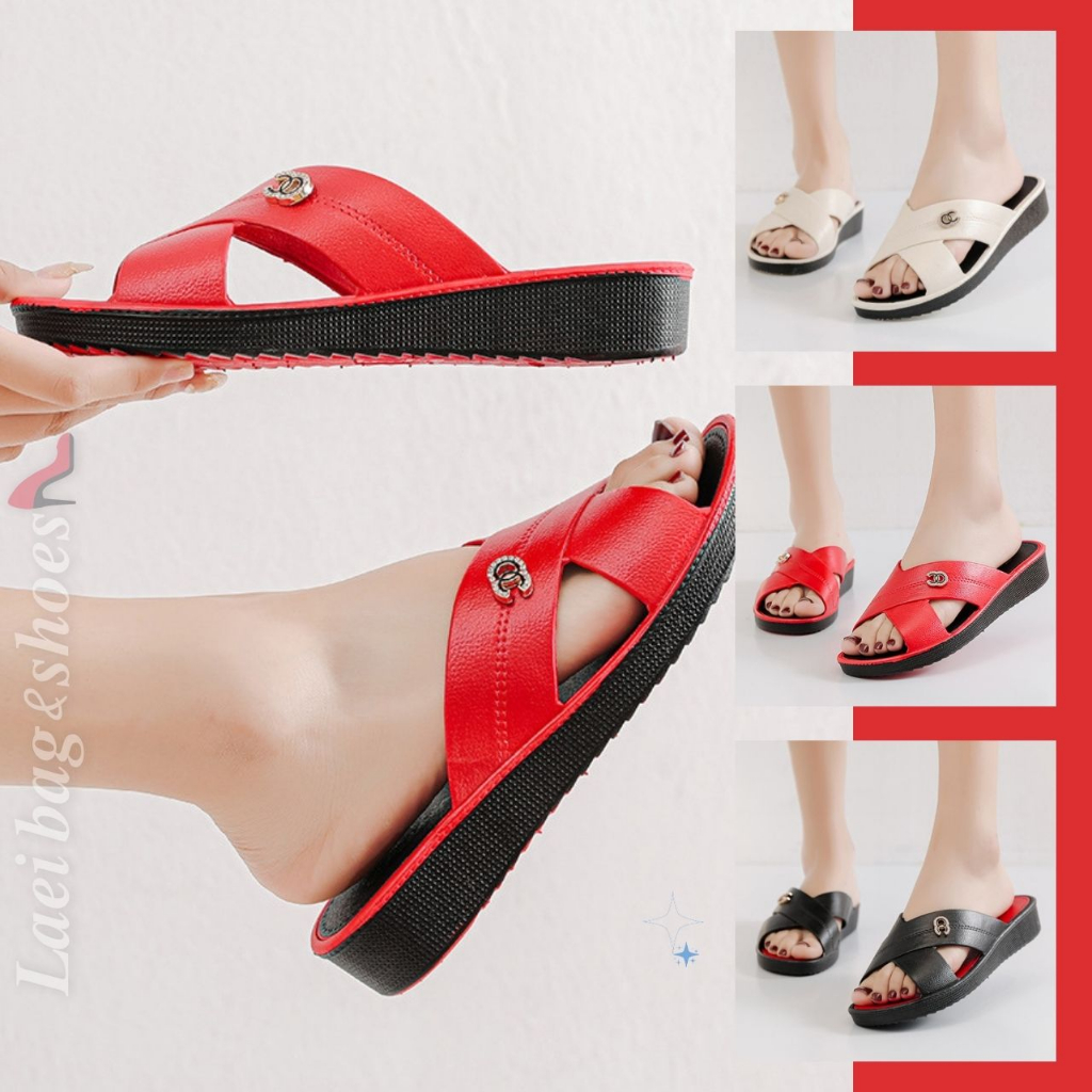 𝑳𝒂𝒆𝒊 𝒃𝒂𝒈&𝒔𝒉𝒐𝒆𝒔👠 รองเท้าแตะ ส้นาตึก คาดไขว้ประดับสัญลักษร์ตัว C ฝังเพชร