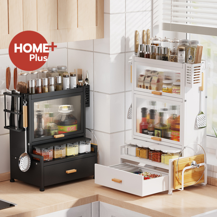 Homeplus [3/4-ชั้น] ชั้นวางเครื่องปรุง ชั้นวางเครื่องครัว สแตนเลสเคลือบสีดำ