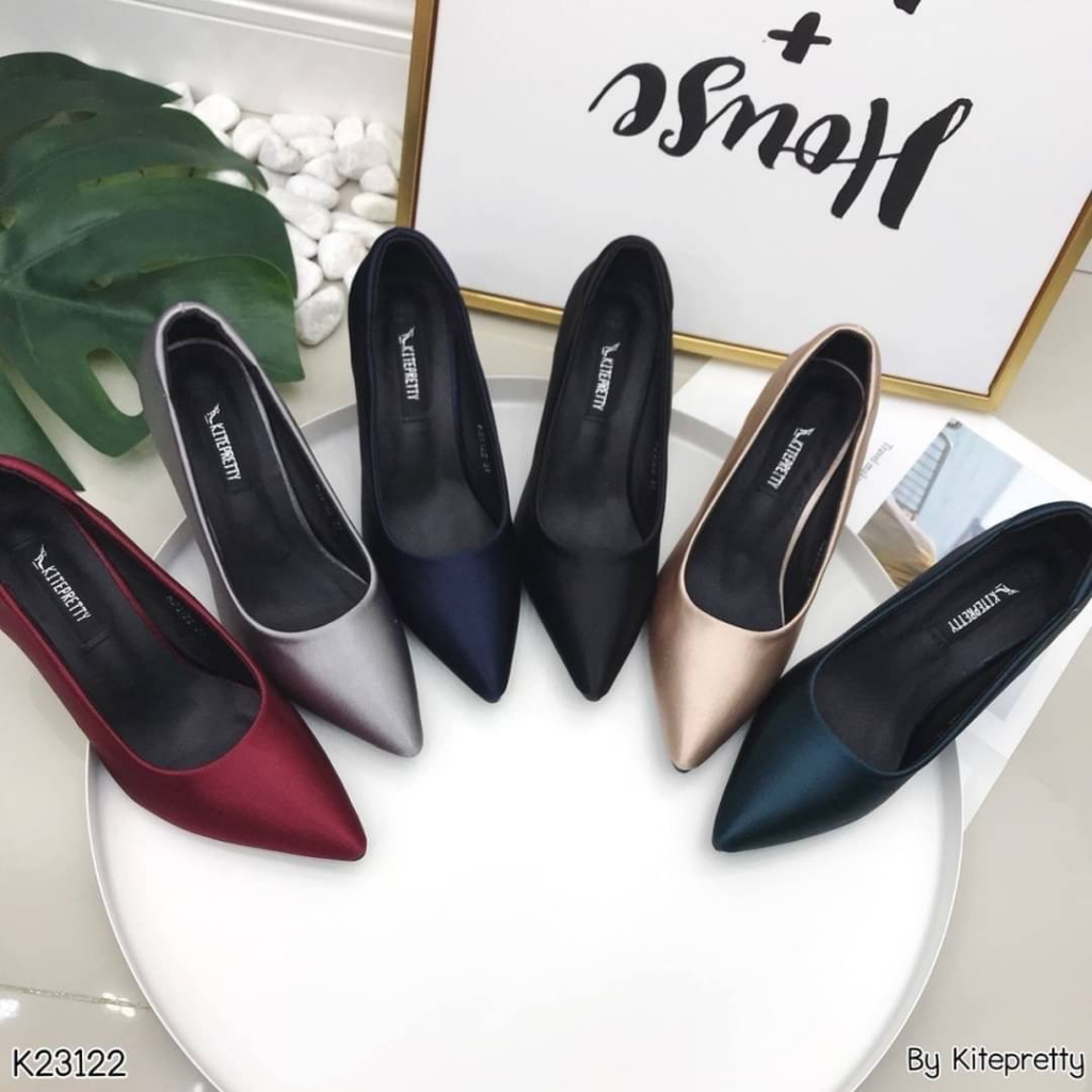 สินค้าพร้อมส่ง K23122งานคัชชูส้นอะครีริค ผ้าไหมญี่ปุ่น ส้นเพรียวสูง 3นิ้ว
