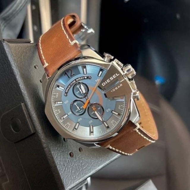(ผ่อน0%) นาฬิกาชาย DIESEL DZ4458 Men's Mega Chief Chronograph Brown Leather Watch สายหนังสีน้ำตาล หน้าปัดฟ้าเข้ม 51mm.