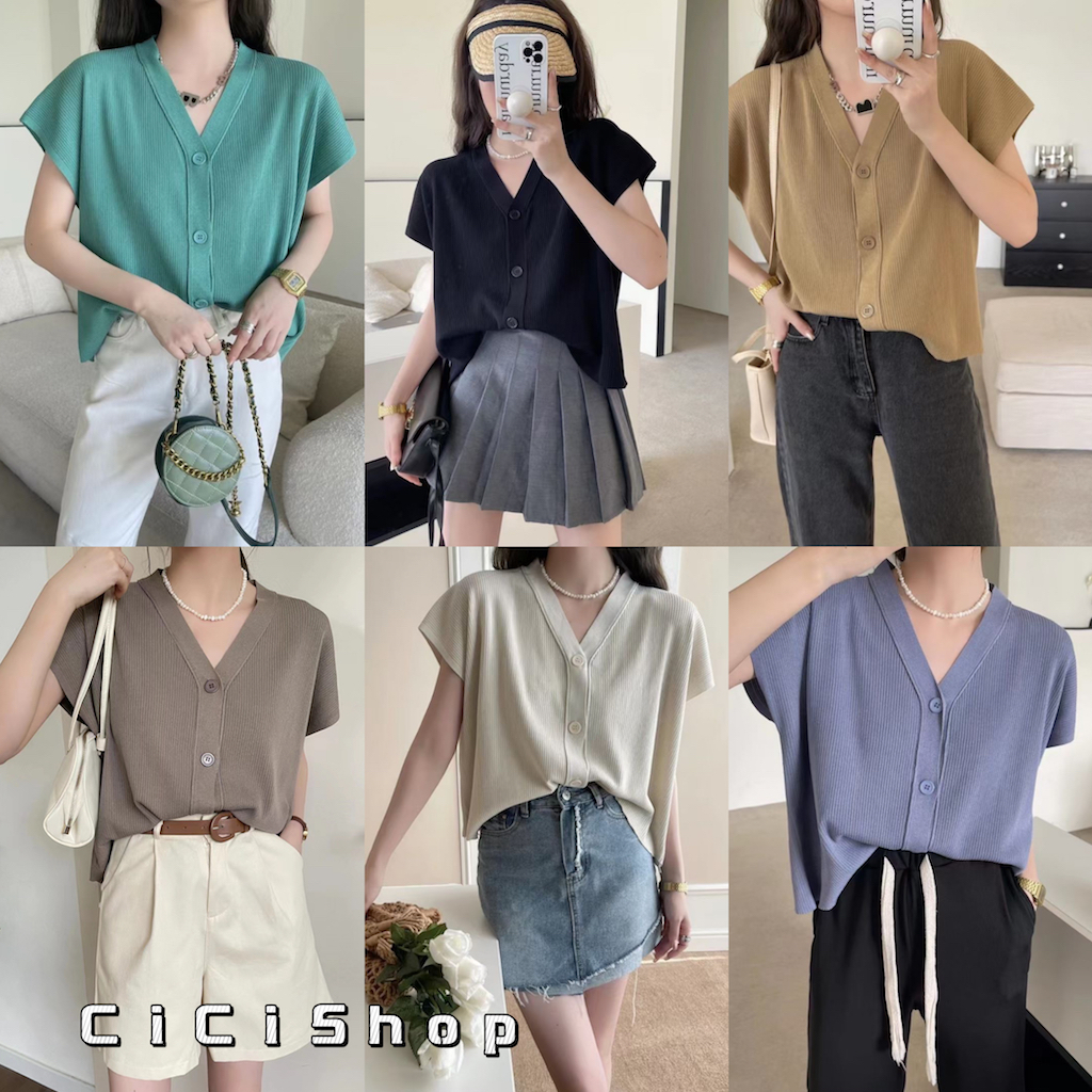 Cicishop(M1810)เสื้อแขนกุดไหมพรม คอวีกระดุมหน้าผ้าร่อง ผ้าถัก สไตล์เกาหลีทรงหลวม