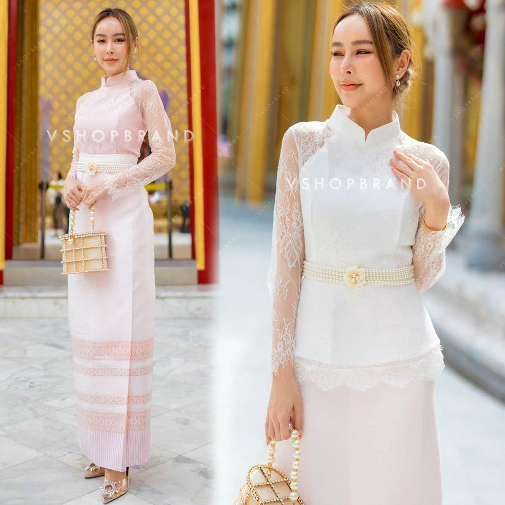 ส่งฟรี😍ชุดทำบุญ ชุดไทย เสื้อลูกไม้สีชมพู,สีขาว +ผ้าถุงโทนสีชมพู