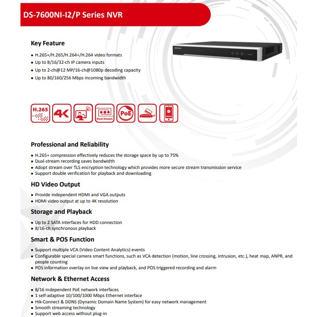 HIKVISION เครื่องบันทึกภาพ12MP Pro series NVR รุ่น DS-7616NI-I2/16P.// DS-7616NXI-K2/16P(D) 16-ch 1U 16 PoE.