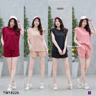 MF18220  Set 2 ชิ้น  เสื้อยืดแขนเลยเสริมไหล่ ใส่คู่กับกางเกงขาสั้น เอวยางยืดรอบตัว มีกระเป๋าล้วงข้าง งานน่ารักๆมาในลุคสบ