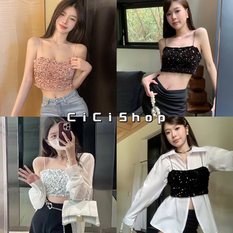 Cicishop(J365)เสื้อครอปสายเดี่ยว ดีเทลปักเลื่อมระยิบระยับเรียบหรูสวยแซ่บ