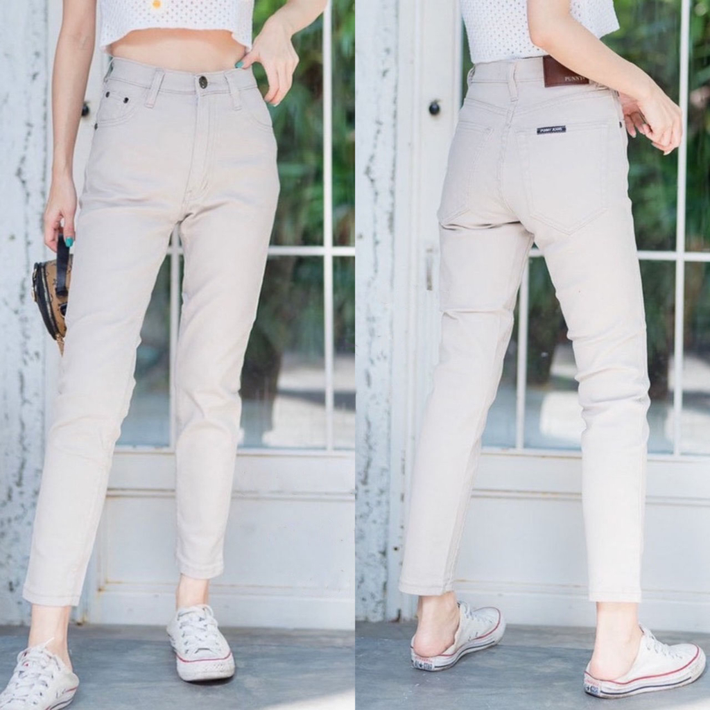 RittaJeans กางเกงยีนส์ผญ เอวสูง ยีนส์ทรงบอยเฟรน ผ้ายืด เรียบๆ สีขาวขุ่น