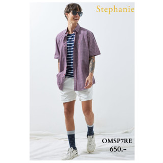 STEPHANIE Shirt เสื้อเชิ้ตแขนสั้นสีแดงทางสก็อตผู้ชาย (OMSP7RE)