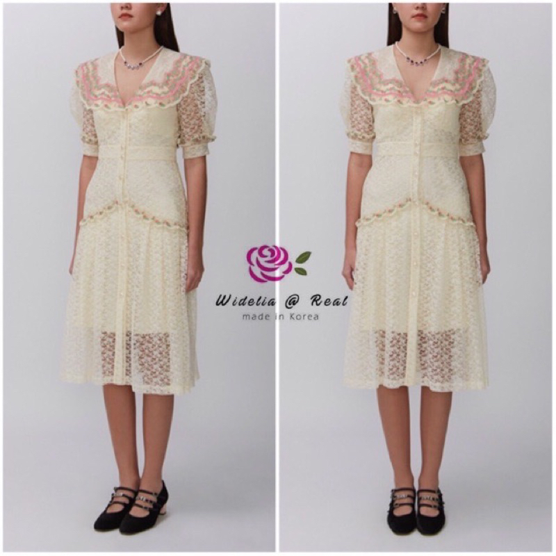 🔥ถูกมาก🔥 เดรสลูกไม้ เดรสสีครีม เสื้อผ้างานป้าย ป้าย Widelia@real Size M สินค้ามือสอง