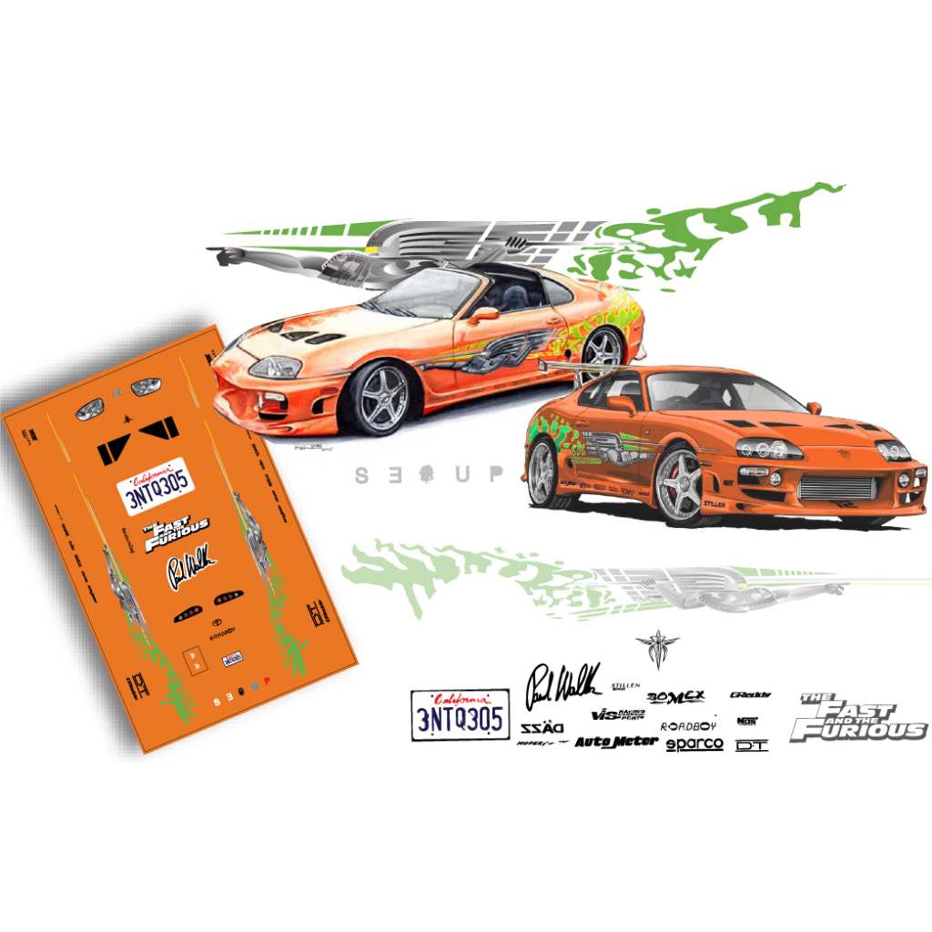 ดีคอล Fast and Furious Pual walker Brain toyota supra หมึกรองขาว ติดรถ Hot Wheels 1:64 Decal  water slide