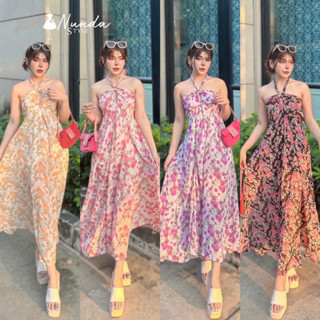 🌸Nunda Style🌸 Maxi Dress แม็กซี่เดรสสายคล้องคอ ผ้าชีฟอง พิมลายกราฟฟิก ยืดสม็อคหลัง มีซับในกระโปรง