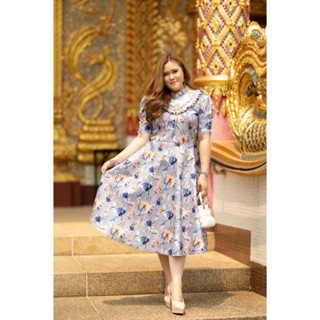 DR189 เดรสเทาลายดอกโบว์ส้ม เสื้อผ้า Plussize fashion ชุดคนอ้วน แฟชั่นสาวอวบ