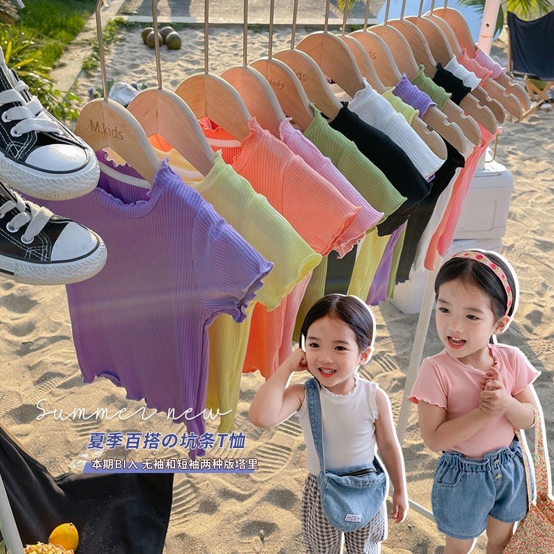 Mimi พร้อมส่ง เสื้อยืดเด็กผู้หญิง เสื้อยืดแขนสั้น แต่งระบาย สีแคนดี้ สําหรับเด็กผู้หญิง (204)