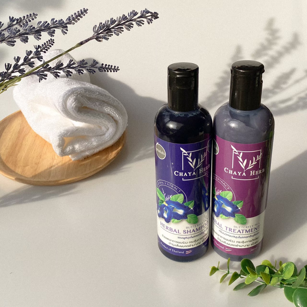 โปร🔥ซื้อ​ 1 แถม 1🔥 แชมพูสมุนไพรChaya herb สกัดจากอัญชันช่วยลดผมร่วง เร่งผมยาว ผมดกดำ เงางาม​ ขวดละ36