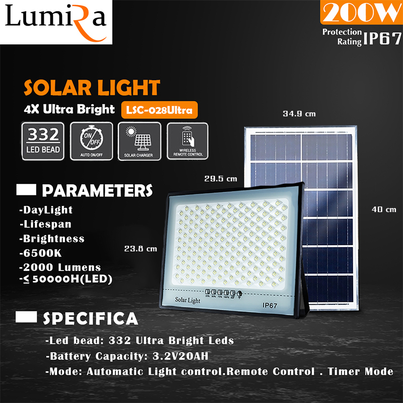 Lumira LSC-028 โคมไฟโซล่าเซลล์ LED 200W แสงสว่างสูง ใช้งานง่าย